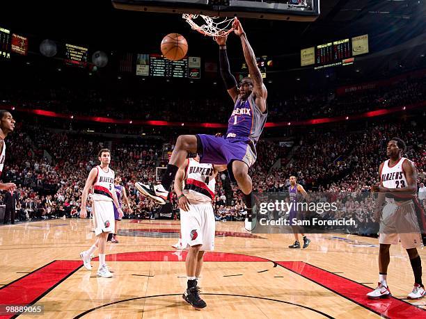 Amare Stoudemire of the Phoenix Suns dunks against the Portland Trail Blazers in Game Six of the Western Conference Quarterfinals during the 2010 NBA...