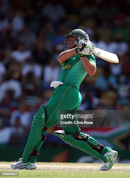 De Villiers of South Africa hits a six during The ICC World Twenty20 Super Eight match between South Africa and New Zealand played at The Kensington...