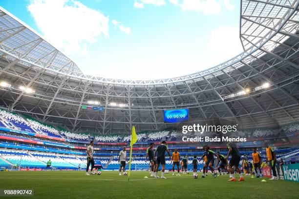 Players of Brazil in action during a training session ahead of the Round 16 match against Mexico at Samara Arena on July 1, 2018 in Samara, Russia.