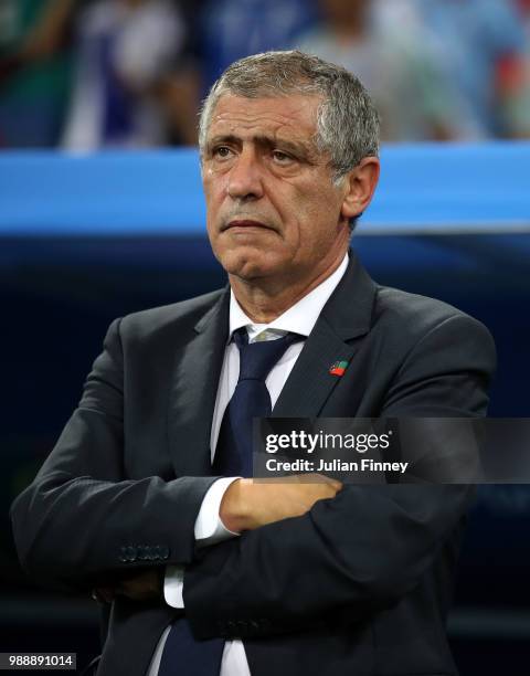 Coach of Uruguay Oscar Tabarez looks on during the 2018 FIFA World Cup Russia Round of 16 match between Uruguay and Portugal at Fisht Stadium on June...