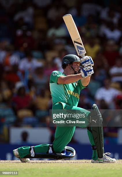 Albie Morkel of South Africa hits a six during The ICC World Twenty20 Super Eight match between South Africa and New Zealand played at The Kensington...