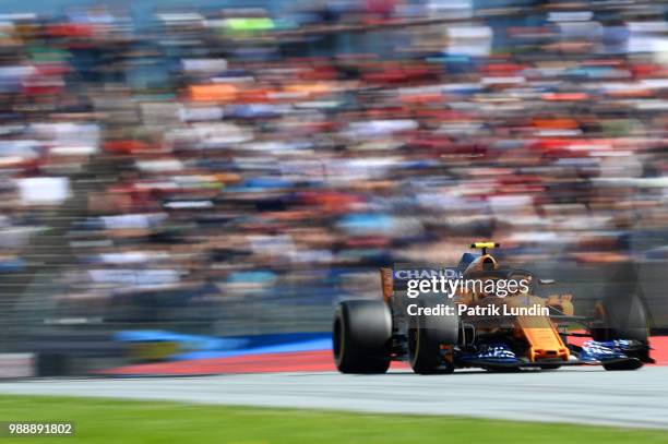 Stoffel Vandoorne of Belgium driving the McLaren F1 Team MCL33 Renault on track during the Formula One Grand Prix of Austria at Red Bull Ring on July...