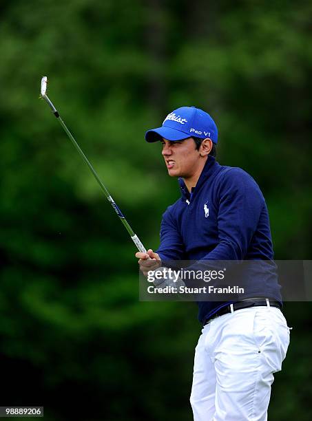 Matteo Manassero of Italy plays his approach shot on the eighth hole during the first round of the BMW Italian Open at Royal Park I Roveri on May 6,...