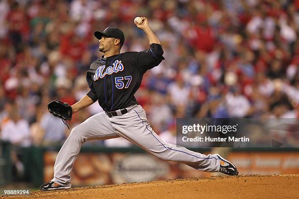 Starting pitcher Johan Santana of the New York Mets delivers a pitch during a game against the Philadelphia Phillies at Citizens Bank Park on May 2,...