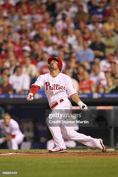 Center fielder Shane Victorino of the Philadelphia Phillies swings at a pitch during a game against the New York Mets at Citizens Bank Park on May 2,...