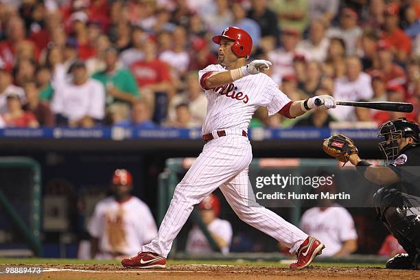 Third baseman Placido Polanco of the Philadelphia Phillies swings at a pitch during a game against the New York Mets at Citizens Bank Park on May 2,...