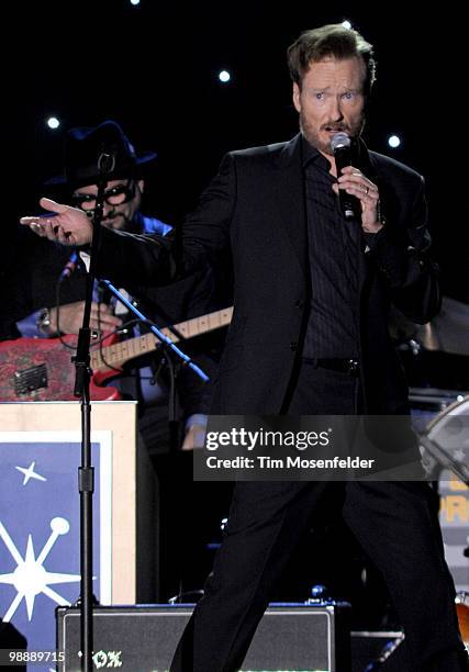 Conan O'Brien performs part of "The Legally Prohibited from Being Funny on Television Tour" at the San Jose State Event Center on May 5, 2010 in San...