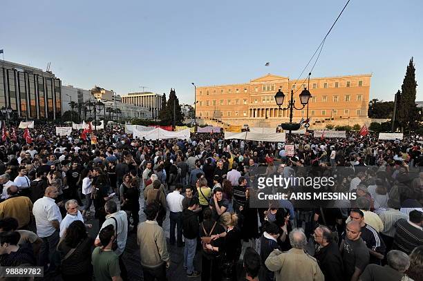 Demonstrators gather in front of the Greek Parliament on May 6, 2010. More than 10,000 people demonstrated peacefully in Greek capital as lawmakers...