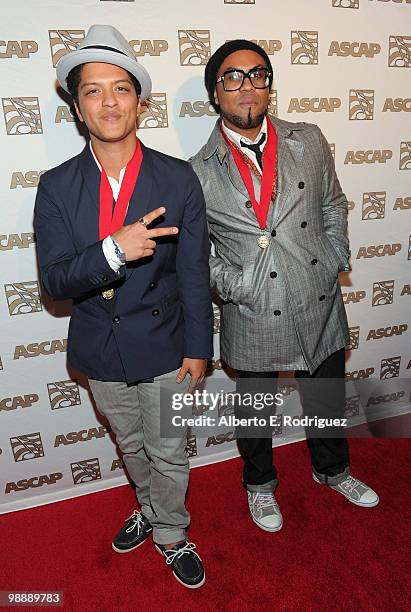 Singer/songwriter/producer Bruno Mars and singer/songwriter/producer Phillip Lawrence arrive at the 27th Annual ASCAP Pop Music Awards held at the...