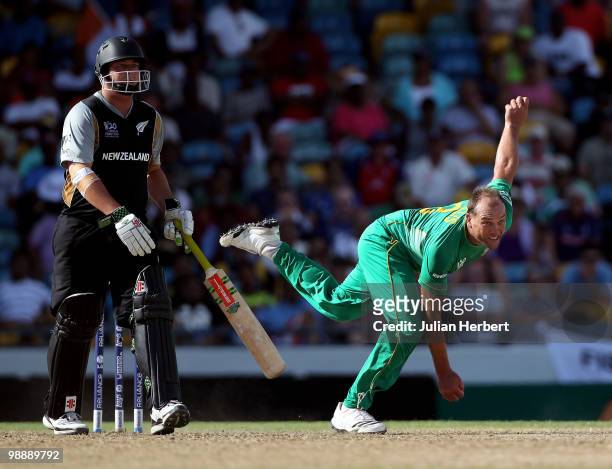 Jacques Kallis of South Africa bowls asJesse Ryder looks on during The ICC World Twenty20 Super Eight match beween South Africa and New Zealand...