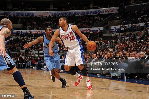 Eric Gordon of the Los Angeles Clippers dribbles the ball against the Utah Jazz during the game on March 1, 2010 at Staples Center in Los Angeles,...