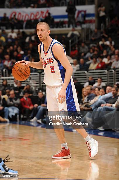 Steve Blake of the Los Angeles Clippers dribbles the ball against the Utah Jazz during the game on March 1, 2010 at Staples Center in Los Angeles,...
