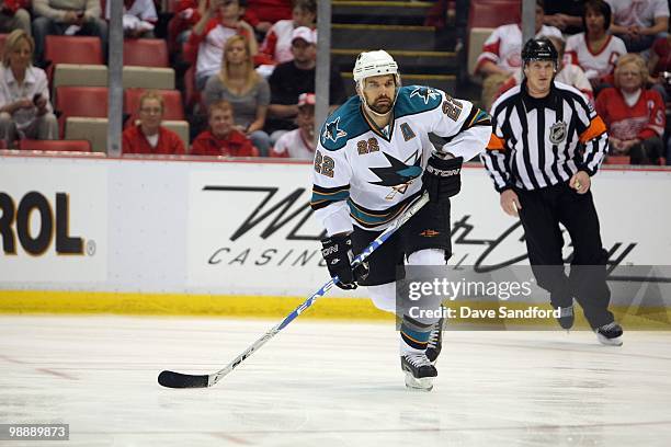 Dan Boyle of the San Jose Sharks skates against the Detroit Red Wings in Game Three of the Western Conference Semifinals during the 2010 Stanley Cup...