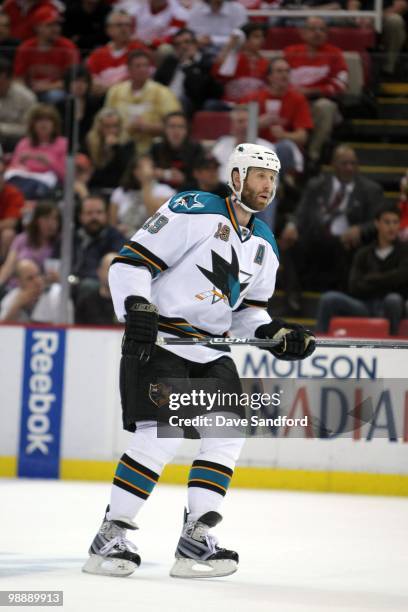 Joe Thornton of the San Jose Sharks skates against the Detroit Red Wings in Game Three of the Western Conference Semifinals during the 2010 Stanley...