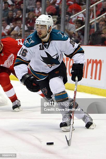 Devin Setoguchi of the San Jose Sharks skates with the puck against the Detroit Red Wings in Game Three of the Western Conference Semifinals during...