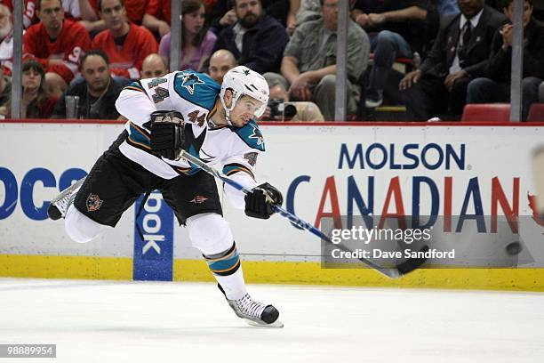 Marc-Edouard Vlasic of the San Jose Sharks shoots against the Detroit Red Wings in Game Three of the Western Conference Semifinals during the 2010...