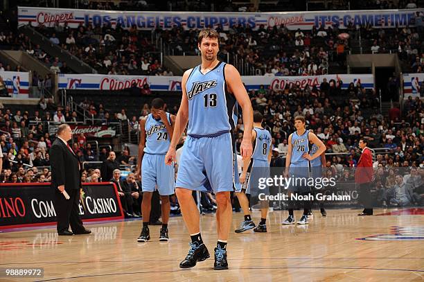 Mehmet Okur of the Utah Jazz looks on during a break in game action against the Los Angeles Clippers on March 1, 2010 at Staples Center in Los...