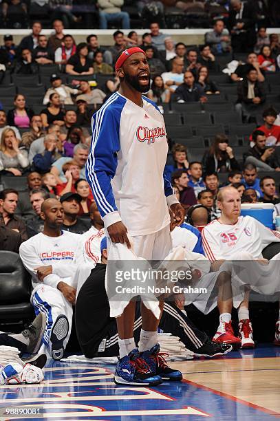 Baron Davis of the Los Angeles Clippers yells from the side line during their NBA game against the Utah Jazz on March 1, 2010 at Staples Center in...