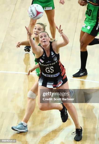 Caitlin Thwaites of the Magpies competes for the ball during the round nine Super Netball match between the Magpies and the Fever at Margaret Court...