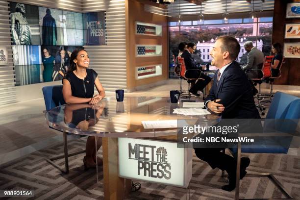Pictured: Alexandria Ocasio-Cortez, Democratic Nominee for New York's 14th Congressional District, and moderator Chuck Todd appear on "Meet the...