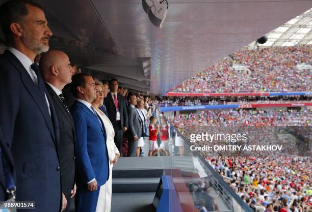 Spain's King Felipe VI, FIFA President Gianni Infantino, Russian Prime Minister Dmitry Medvedev and his wife Svetlana Medvedeva attend the 2018 FIFA...