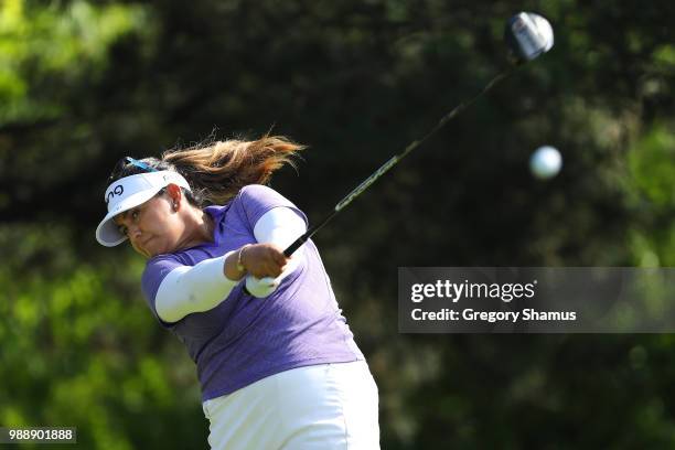 Lizette Salas hits her drive on the second hole during the final round of the 2018 KPMG PGA Championship at Kemper Lakes Golf Club on July 1, 2018 in...