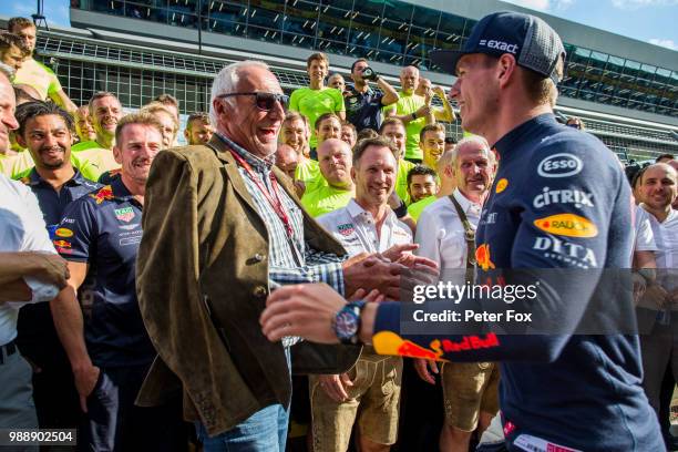 Max Verstappen of Red Bull Racing and The Netherlands with Dietrich Mateschitz of Red Bull Racing and Austria during the Formula One Grand Prix of...