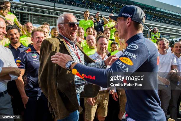 Max Verstappen of Red Bull Racing and The Netherlands with Dietrich Mateschitz of Red Bull Racing and Austria during the Formula One Grand Prix of...