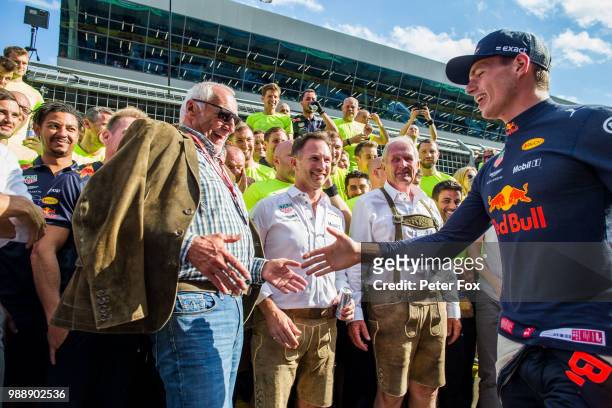 Max Verstappen of Red Bull Racing and The Netherlands with Dietrich Mateschitz of Red Bull Racing and Austria during the Formula One Grand Prix of...