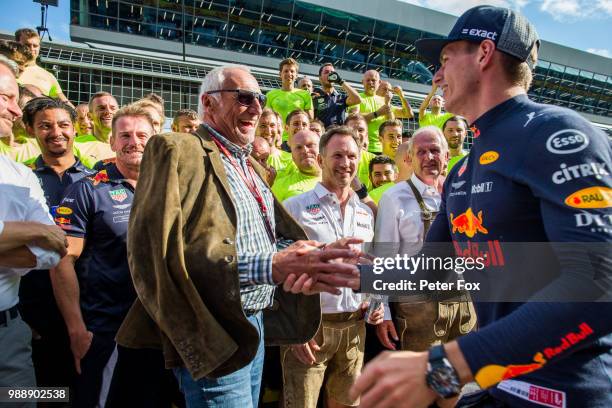 Max Verstappen of Red Bull Racing and The Netherlands with Dietrich Mateschitz of Red Bull Racing and Austria during the Formula One Grand Prix of...