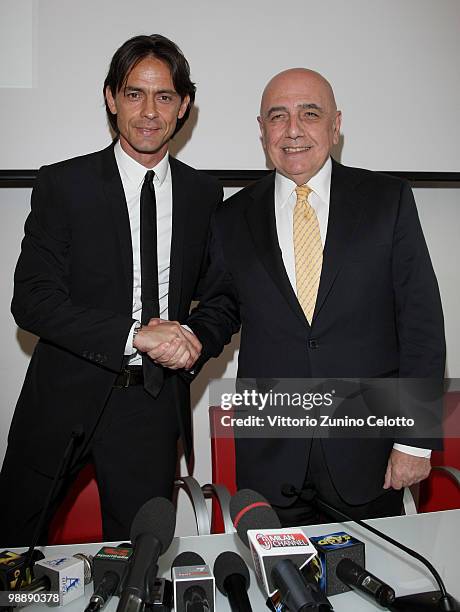 Filippo Inzaghi and Adriano Galliani attend the 300 Gol Book Launch held at Mondadori Multicenter on May 6, 2010 in Milan, Italy.