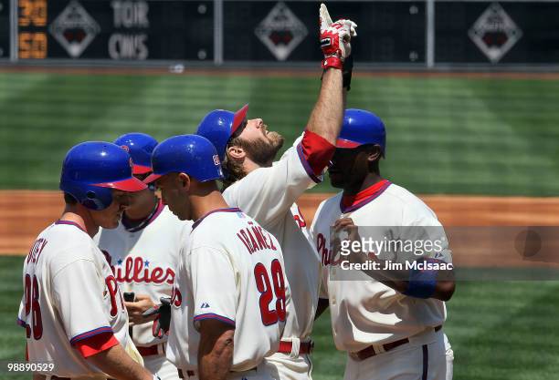 Jayson Werth of the Philadelphia Phillies celebrates his first inning three run home run against the St. Louis Cardinals at Citizens Bank Park on May...