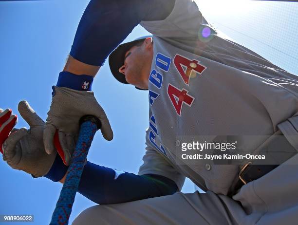 Anthony Rizzo of the Chicago Cubs waits on deck in the game against the Los Angeles Dodgers at Dodger Stadium on June 28, 2018 in Los Angeles,...