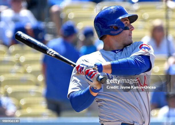 Anthony Rizzo of the Chicago Cubs at bat in the game against the Los Angeles Dodgers at Dodger Stadium on June 28, 2018 in Los Angeles, California.