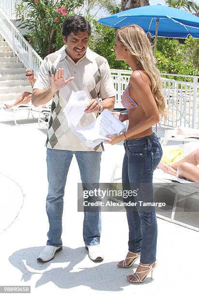 Paulo Cesar Quevedo and Alejandra Pinzon are seen on the set of "Hotel South Beach Caliente" on May 6, 2010 in Miami Beach, Florida.