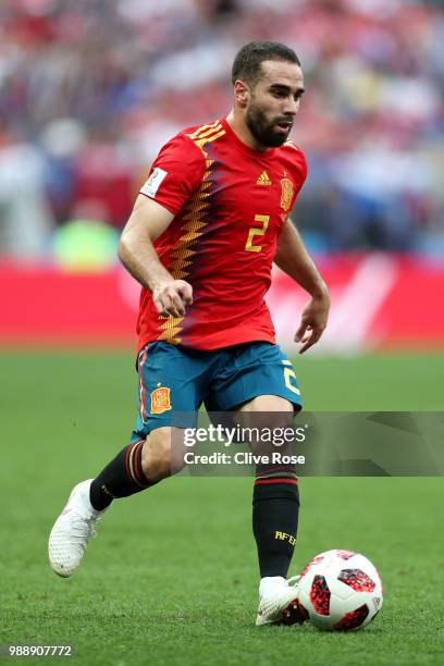 Dani Carvajal of Spain runs with the ball during the 2018 FIFA World Cup Russia Round of 16 match between Spain and Russia at Luzhniki Stadium on...