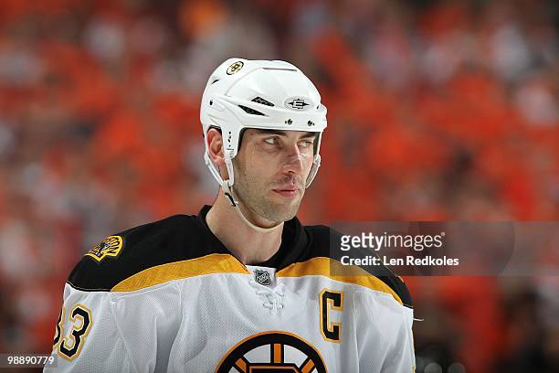 Zdeno Chara of the Boston Bruins looks on during a stoppage in play against the Philadelphia Flyers in Game Three of the Eastern Conference...