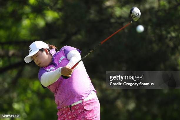 Shanshan Feng of China hits her drive on the second hole during the final round of the 2018 KPMG PGA Championship at Kemper Lakes Golf Club on July...