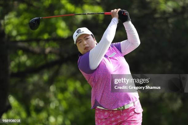 Shanshan Feng of China hits her drive on the second hole during the final round of the 2018 KPMG PGA Championship at Kemper Lakes Golf Club on July...