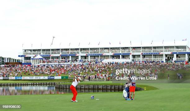 Sergio Garcia of Spain plays his fourth shot on the 18th hole during day four of the HNA Open de France at Le Golf National on July 1, 2018 in Paris,...