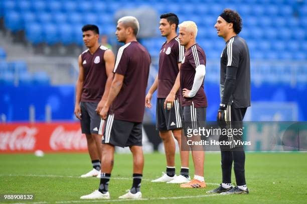 Players of Mexico, looks on during a training at Samara Arena ahead of the Round of Sixteen match against Brazil on July 1, 2018 in Samara, Russia.