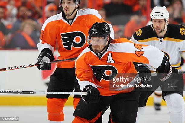 Kimmo Timonen of the Philadelphia Flyers skates against the Boston Bruins in Game Three of the Eastern Conference Semifinals during the 2010 NHL...