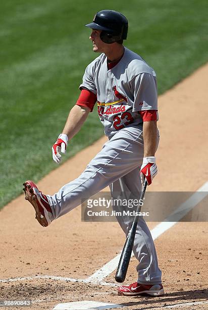 David Freese of the St. Louis Cardinals reacts after striking out in the fourth inning against the Philadelphia Phillies at Citizens Bank Park on May...