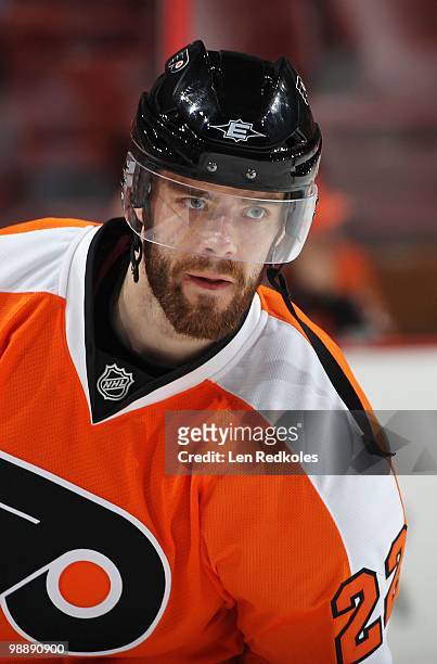Ville Leino of the Philadelphia Flyers skates during the pregame warm-ups prior to the start of his game against the Boston Bruins in Game Three of...