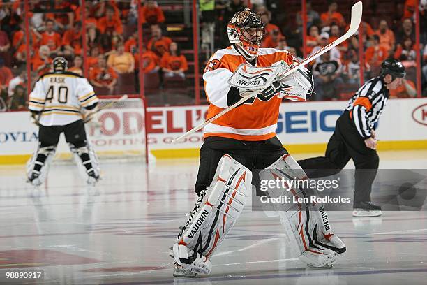 Brian Boucher of the Philadelphia Flyers readies for the start of the second period against Tuukka Rask of the Boston Bruins in Game Three of the...