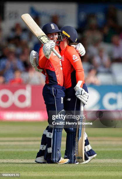 Danni Wyatt of England celebrates her 50 with Tammy Beaumont during the International T20 Tri-Series Final between England and New Zealand at Cloudfm...