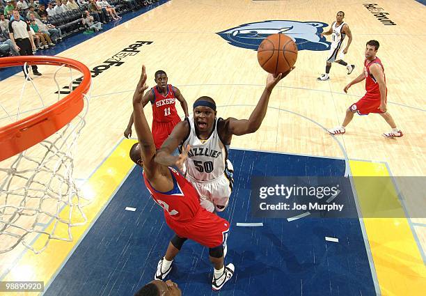 Zach Randolph of the Memphis Grizzlies goes up for a shot against Elton Brand of the Philadelphia 76ers during the game at the FedExForum on April...
