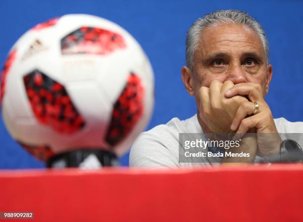 During a Brazil training session and press conference ahead of the Round 16 match against Mexico at Samara Arena on July 1, 2018 in Samara, Russia.