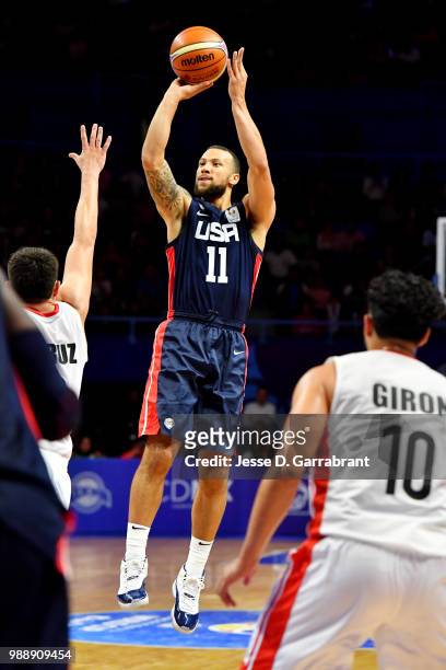 Trey McKinney Jones of USA shoots the ball against Mexico on June 28, 2018 at Palacio de Los Deportes in Mexico City, Mexico. NOTE TO USER: User...