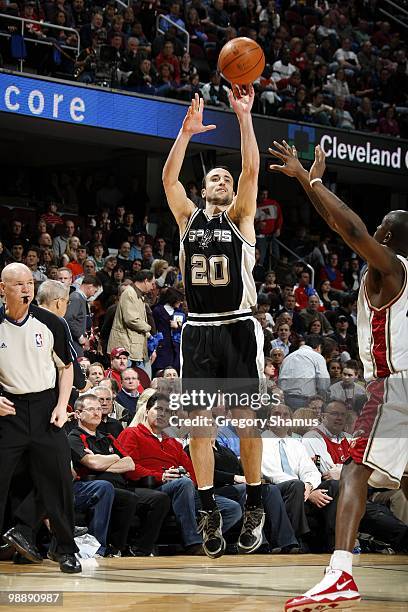 Manu Ginobili of the San Antonio Spurs shoots a jump shot during the game against the Cleveland Cavaliers at Quicken Loans Arena on March 8, 2010 in...